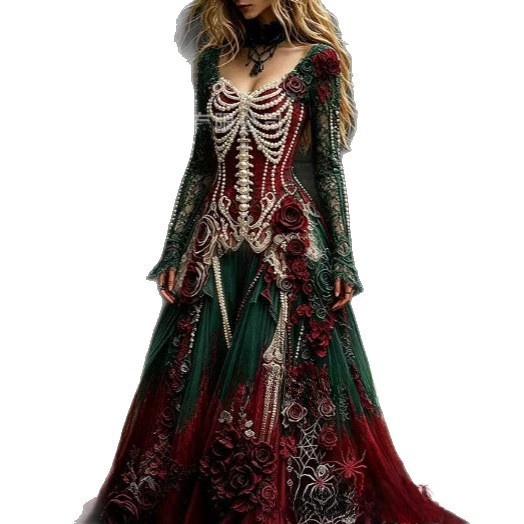 Lady's retro gothic skull rose print long-sleeved dress - Image 4