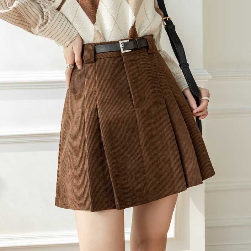 Womens High Waist Pleated Corduroy Skirt - Image 3