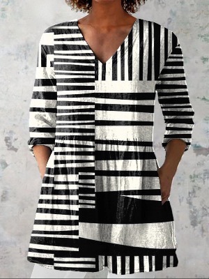 Women's Printed V-Neck Mid-Sleeve Loose T-Shirt