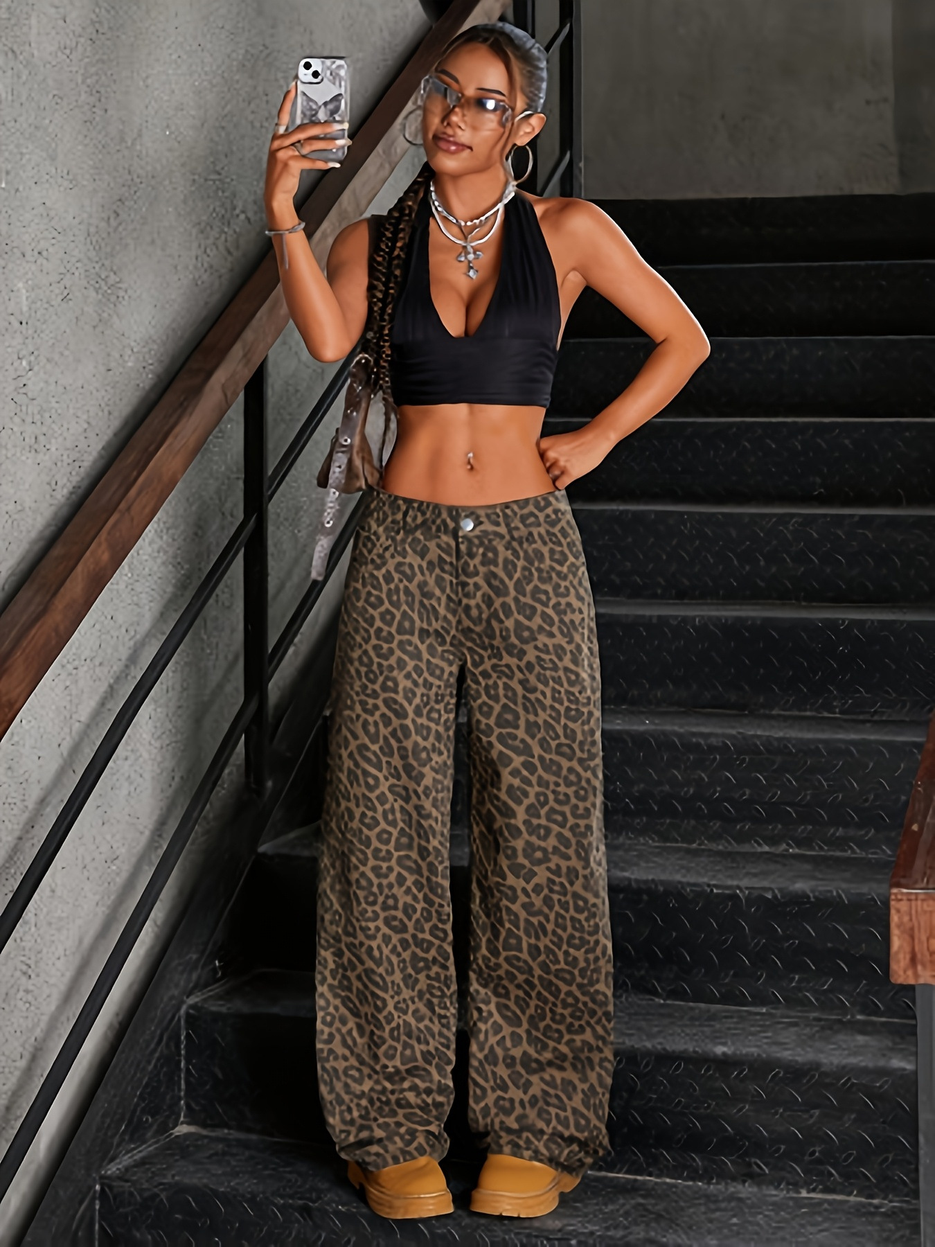 Leopard Print Vintage Washed High Waist Straight Denim Jeans