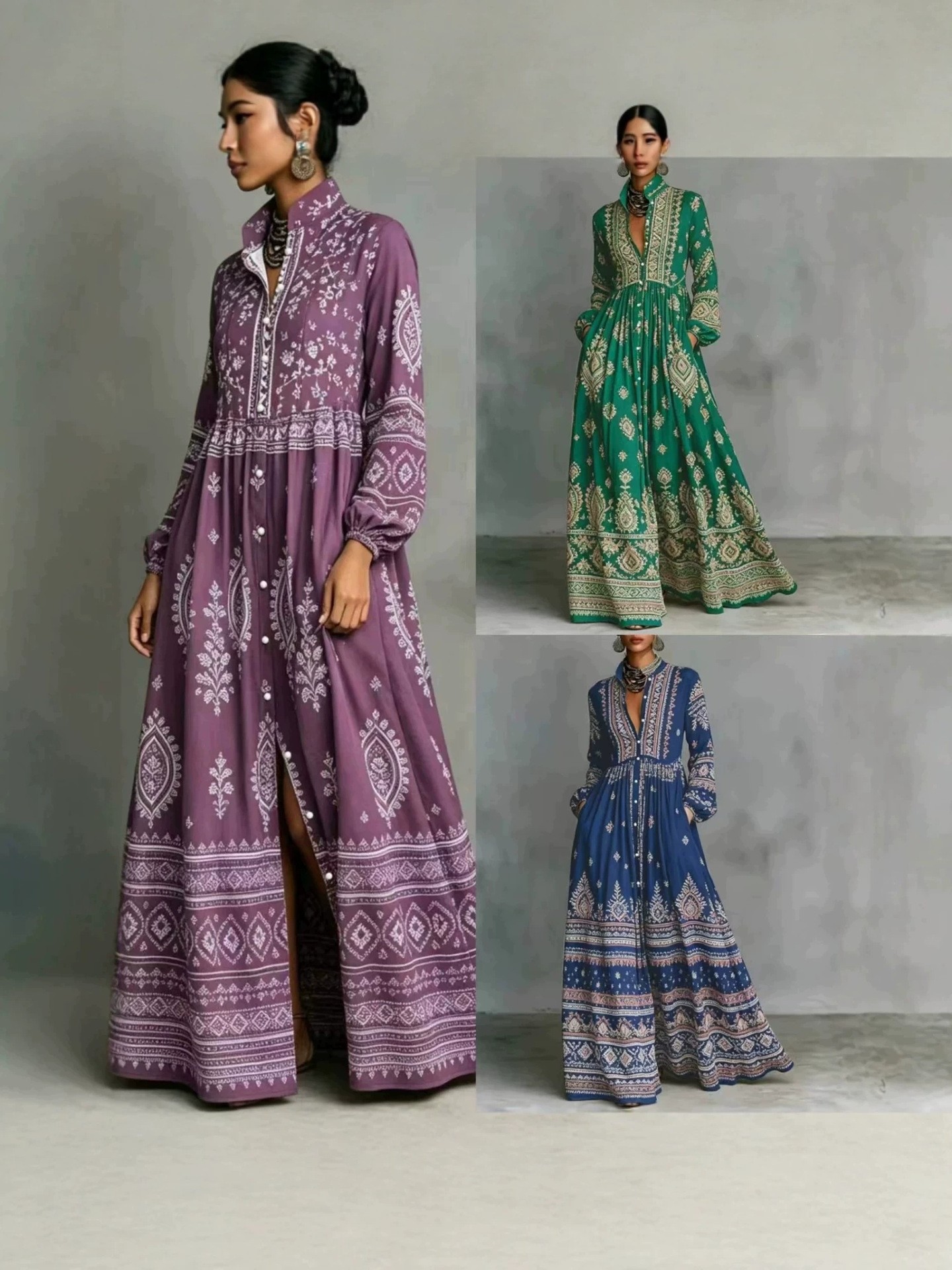 Printed V-neck long-sleeved dress - Image 3