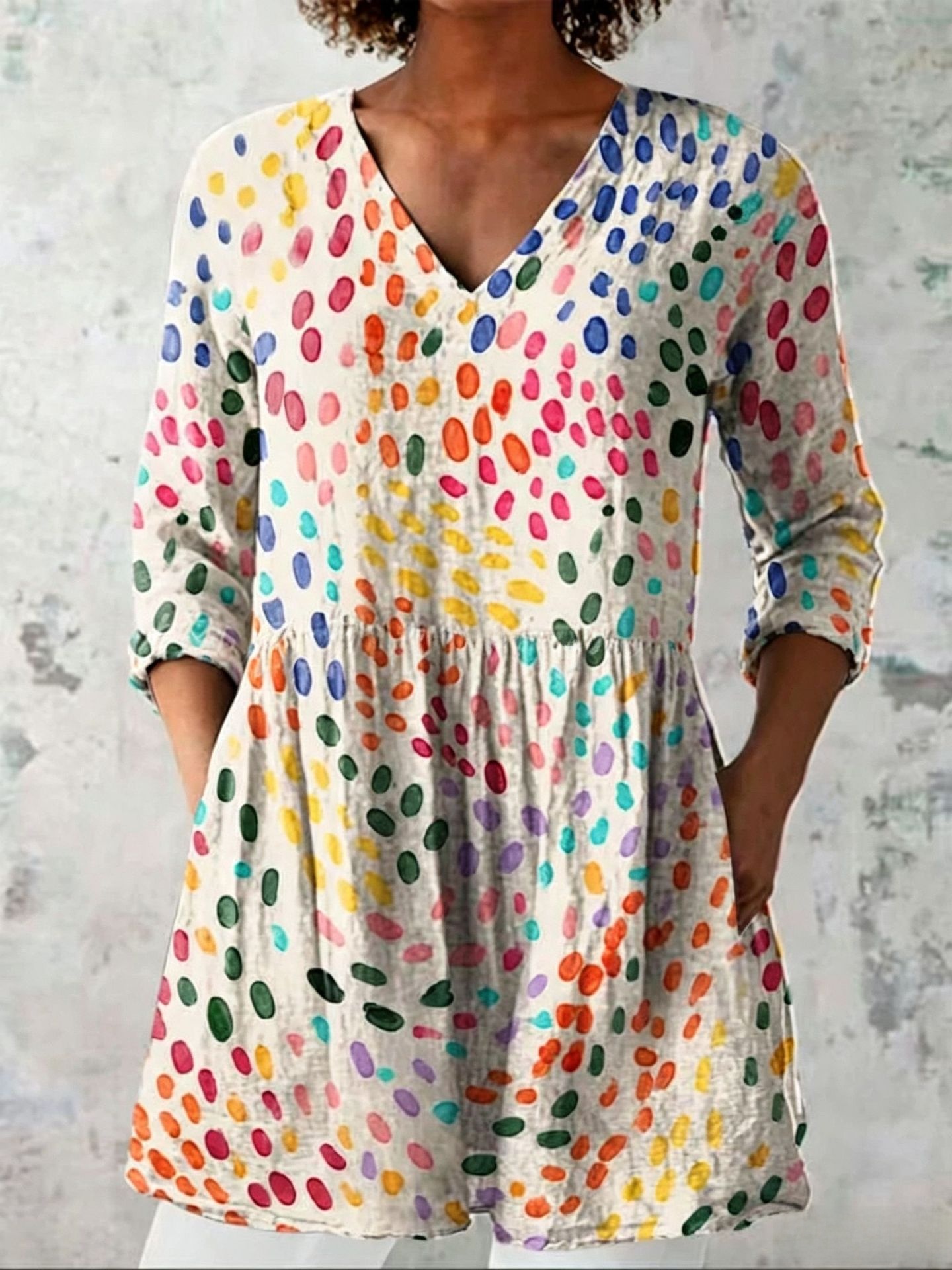 Women's Printed V-Neck Mid-Sleeve Loose T-Shirt - Image 5