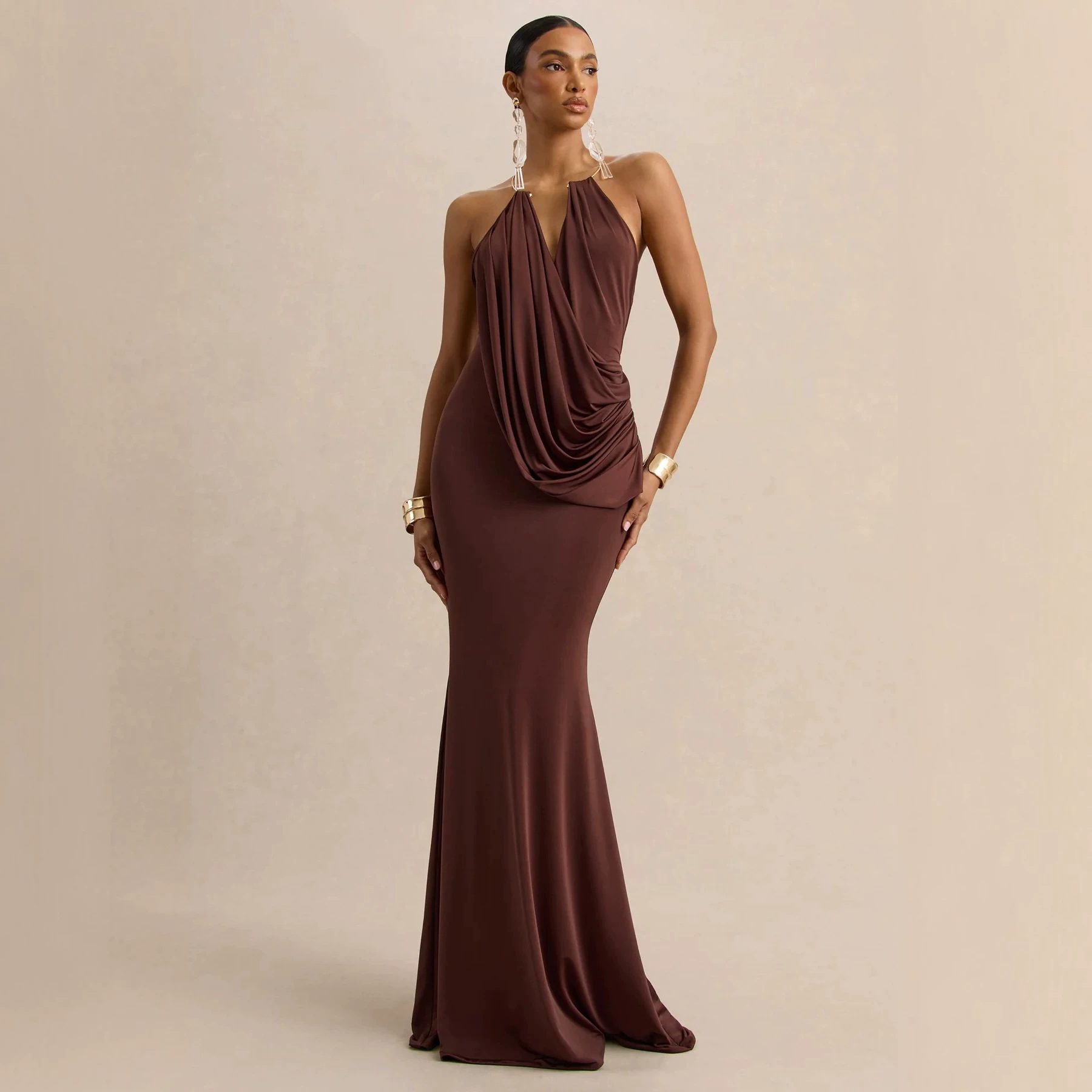 Womens Pleated Bodycon Dress with Ruffle Neck