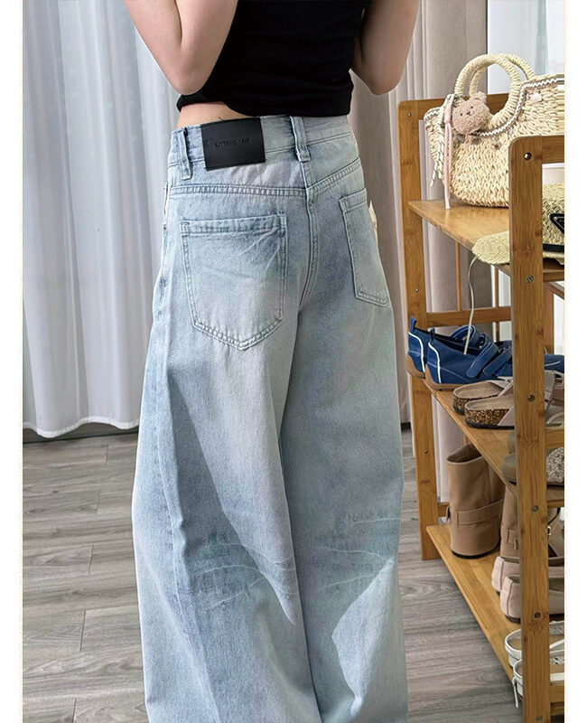 The Florine Retro Blue High Waist Wide Leg Distressed Denim Jeans Detail – La Rose Couture Trousers & Skirts