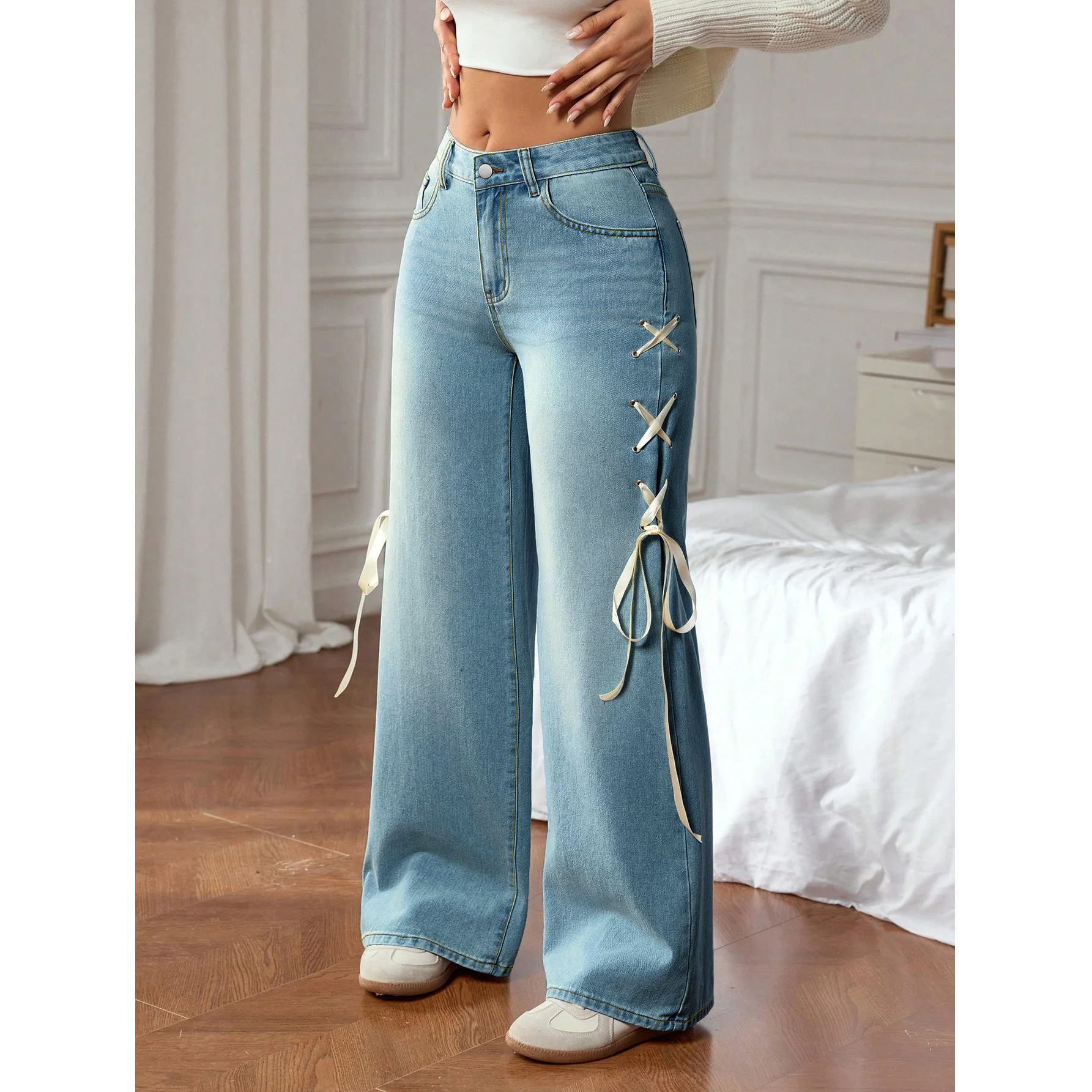 Womens Ribbon Accent Straight Leg Jeans - Image 3