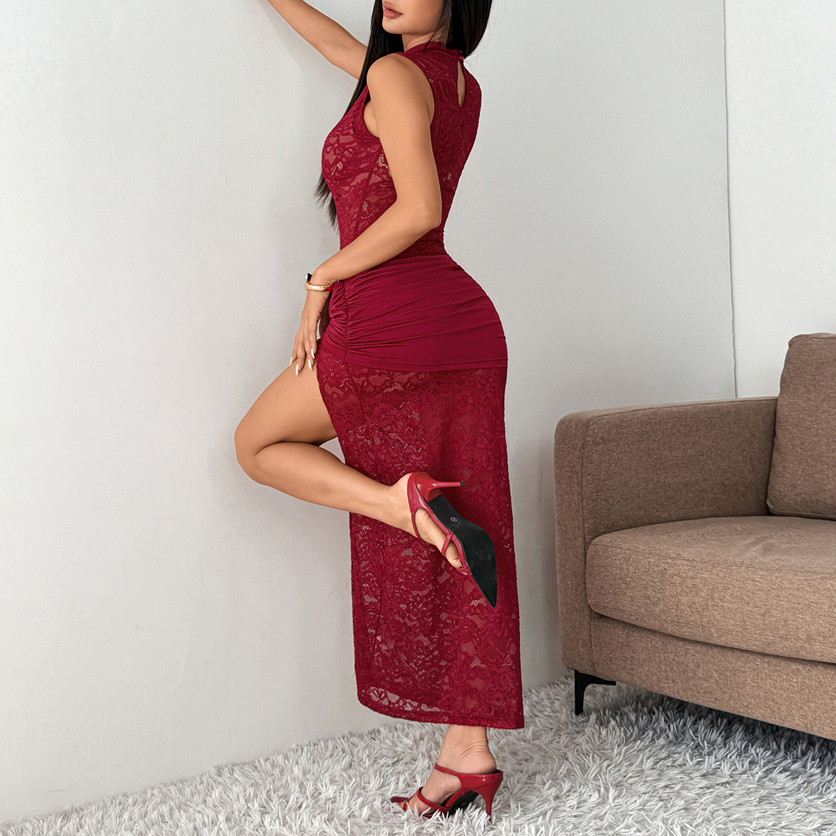 Pure Lust Sexy Lace See-Through High Slit Slim Hip-Hugging Dress - Image 5
