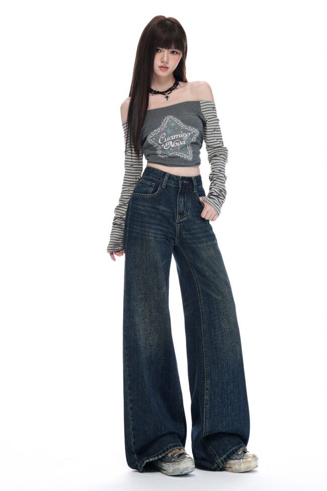 The Amandine High Waisted Wide Leg Retro Vintage Blue Denim Jeans Detail – La Rose Couture Trousers & Skirts