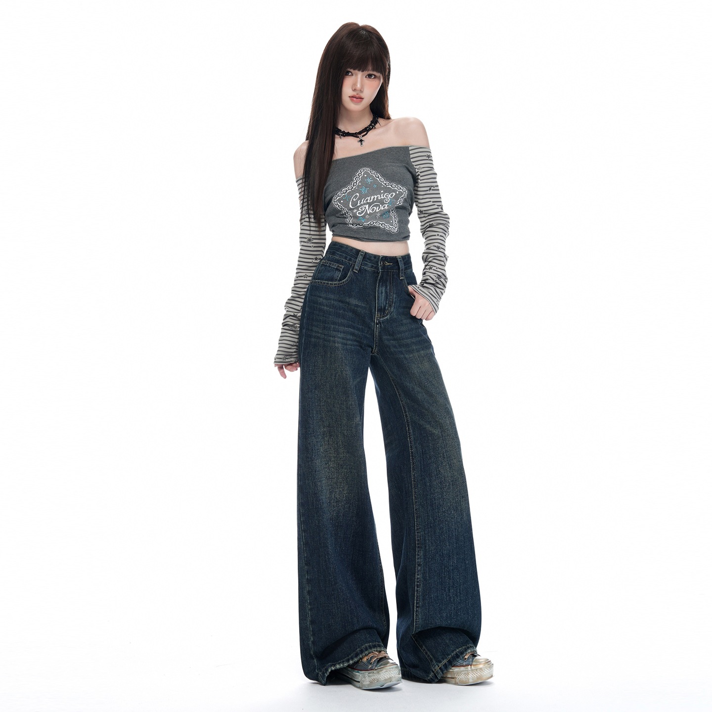 Women's High-Waisted Wide-Leg Retro Vintage Blue Denim Jeans - Image 4