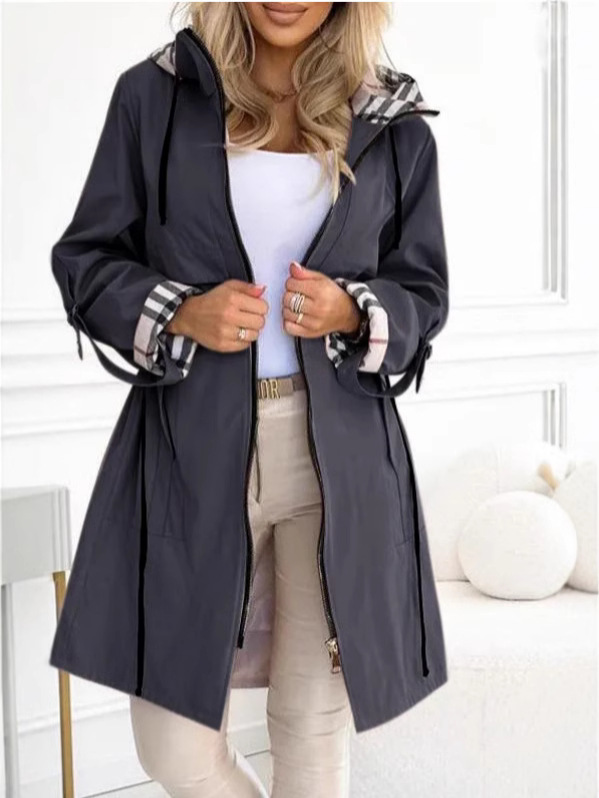 Women's Hooded Plaid Printed Windbreaker Coat - Image 4