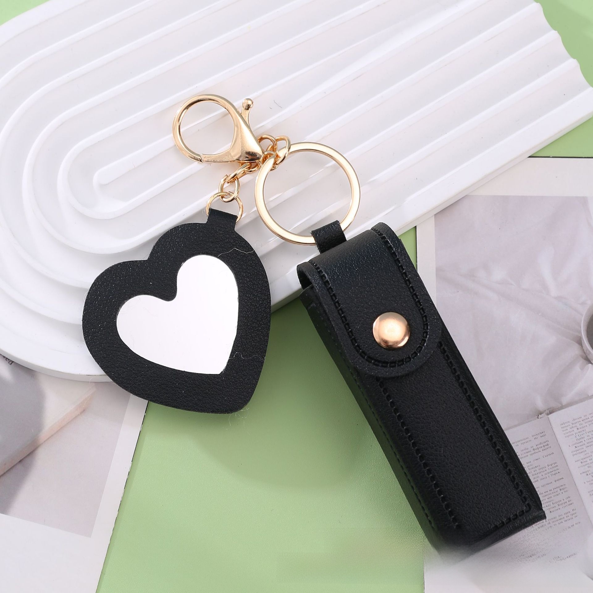 Portable PU Leather Lipstick Pouch with Mirror and Keychain - Image 2