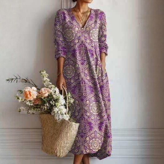 Lady V-neck printed loose-fitting dress - Image 3