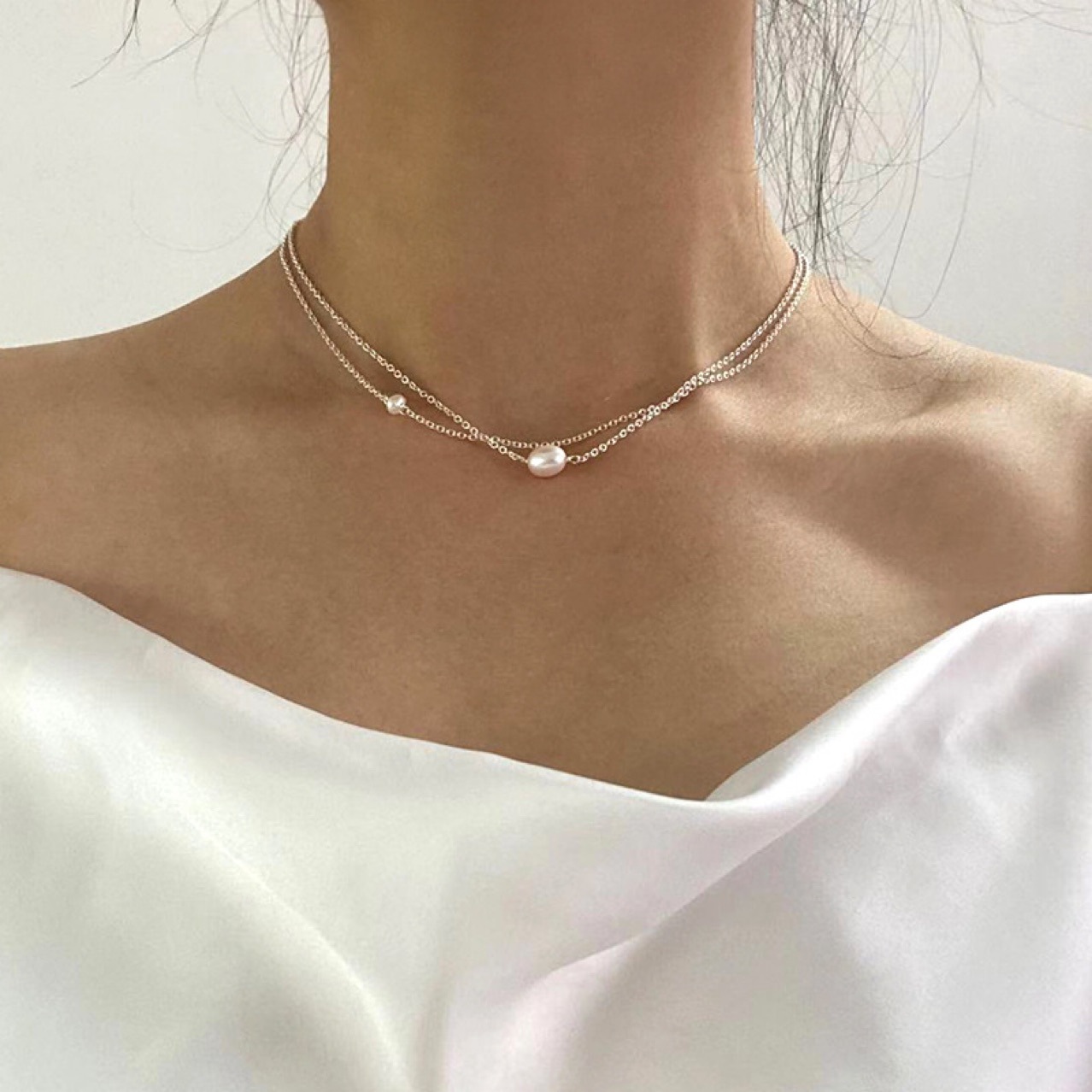 Stainless Steel Double-Layer Irregular Freshwater Pearl Clavicle Chain Necklace
