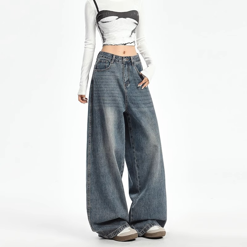 Women's Plus Size High-Waist Wide-Leg Vintage Blue Denim Jeans - Image 4