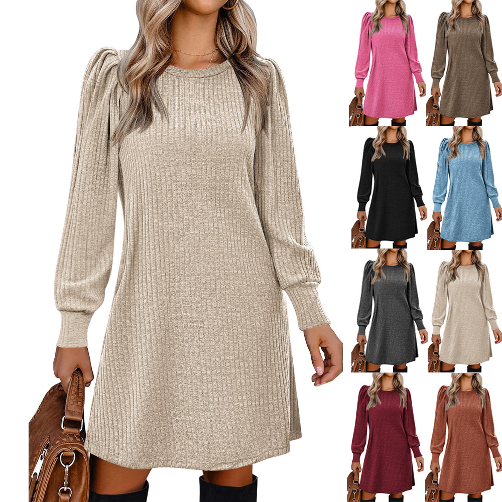 Solid Color Round Neck Puff Sleeve Mid-Length Dress