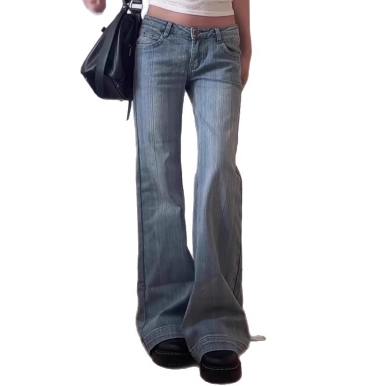 Womens Light Blue Flared Bootcut Jeans Low Waist Denim Pants - Image 3