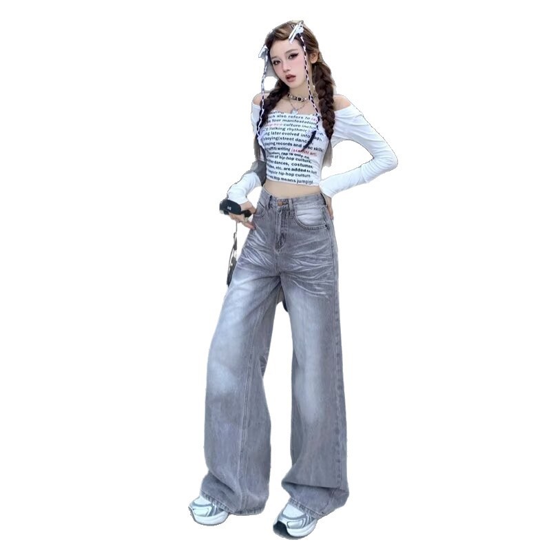American Retro Loose Fit Wide Leg Denim Pants for Women - Image 2