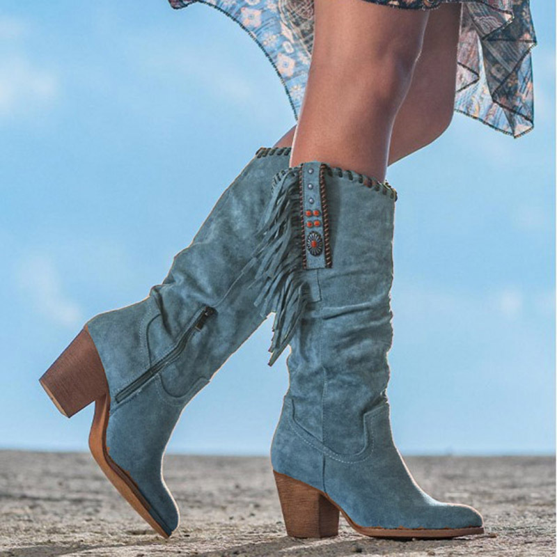 Women's Suede High-Tube Tassel Chunky High-Heeled Boots - Image 3