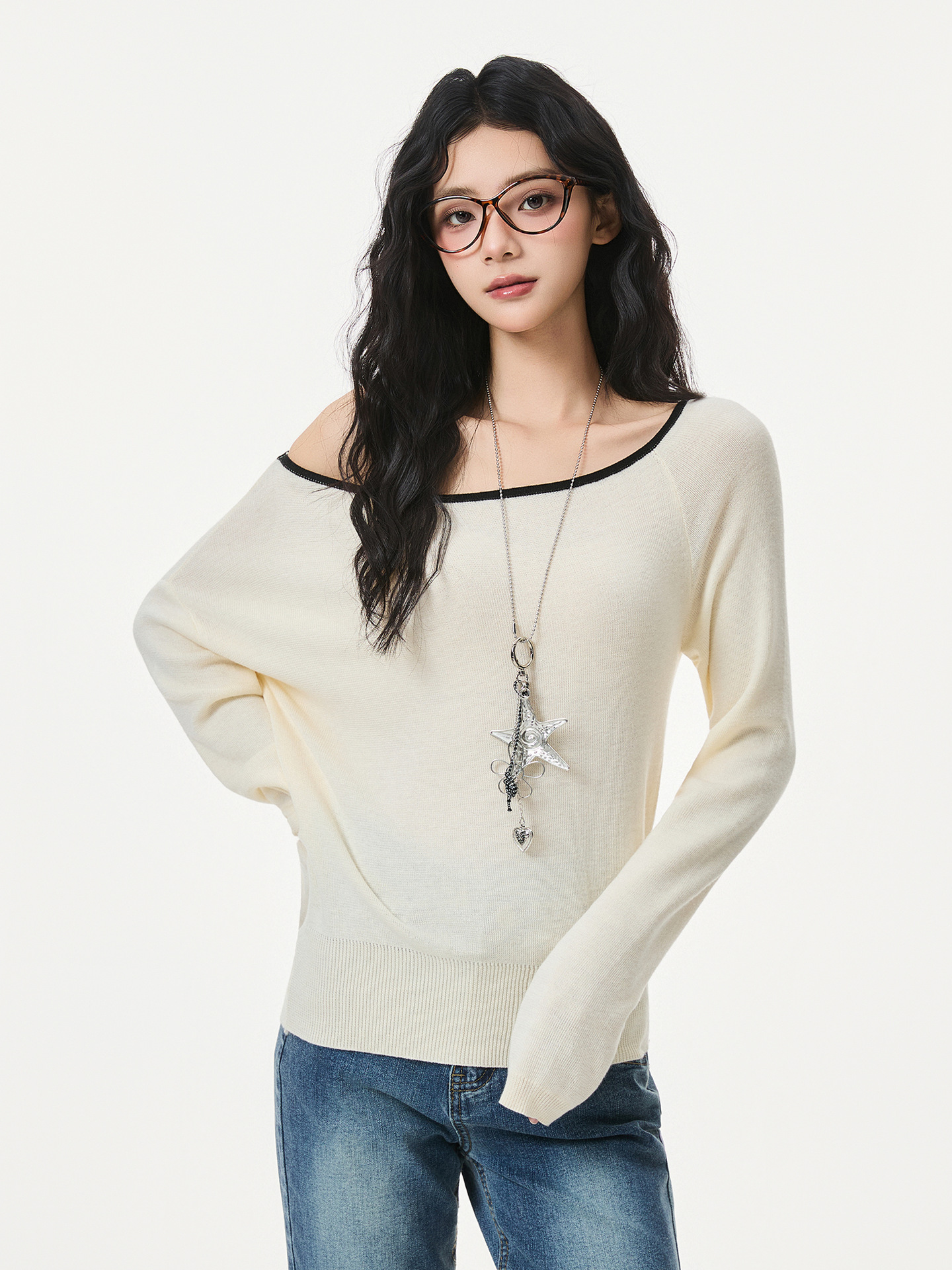 One-Shoulder Long Sleeve Knit Sweater - Image 2