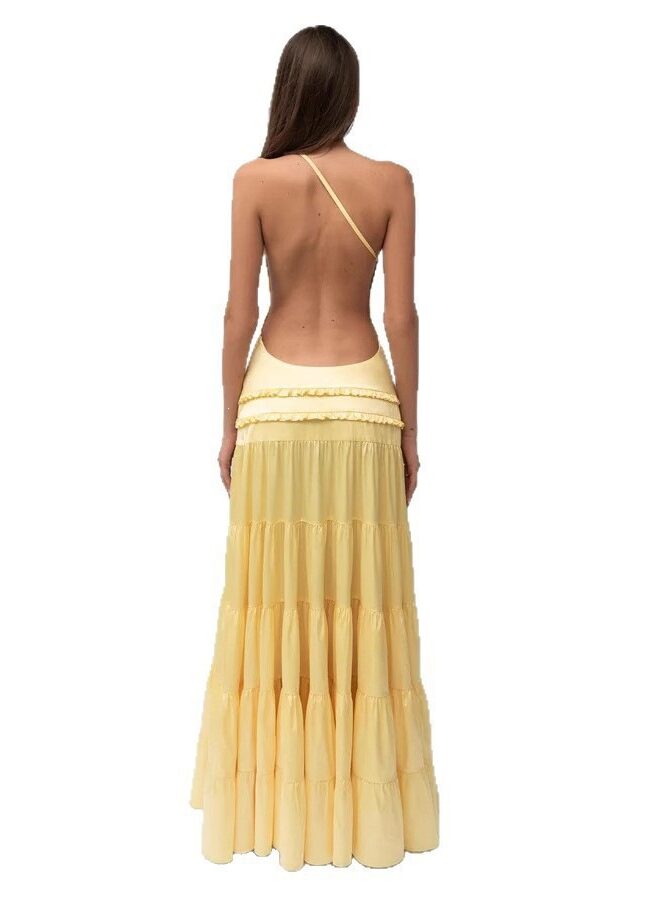 The Nina One Shoulder Backless Ruffled Long Dress Detail – La Rose Couture Dresses & Gowns