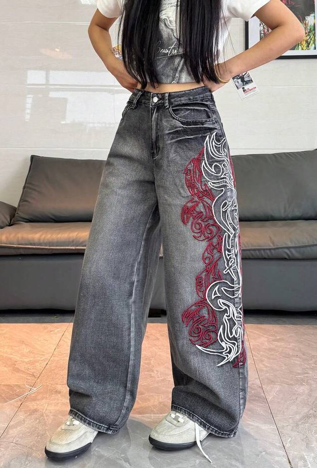 The Valentine Embroidered Dragon Denim Trousers Detail – La Rose Couture Trousers & Skirts