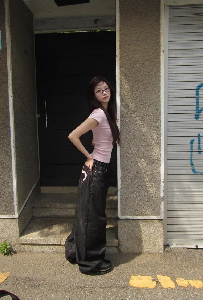 Loose Flared Denim Pants with Heart Pocket - Image 2
