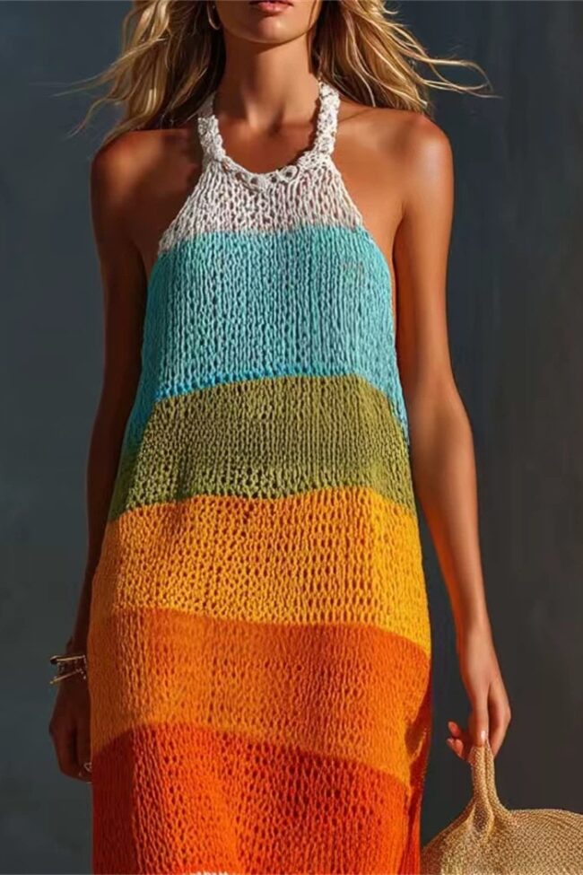 The Delphine Wide Striped Patchwork Round Neck Sleeveless Knitted Fitted Long Dress Detail – La Rose Couture Dresses & Gowns