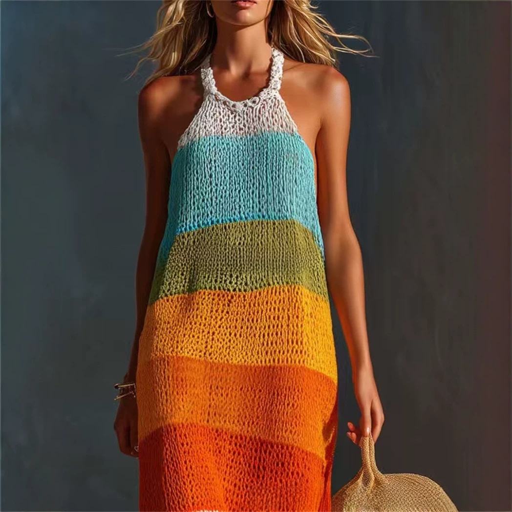 Wide-striped patchwork round-neck sleeveless knitted fitted long dress - Image 3