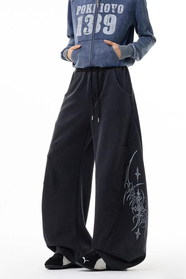 The Delphine Loose Fit Drawstring Pants Letter Print Wide Leg Casual Trousers Detail – La Rose Couture Trousers & Skirts