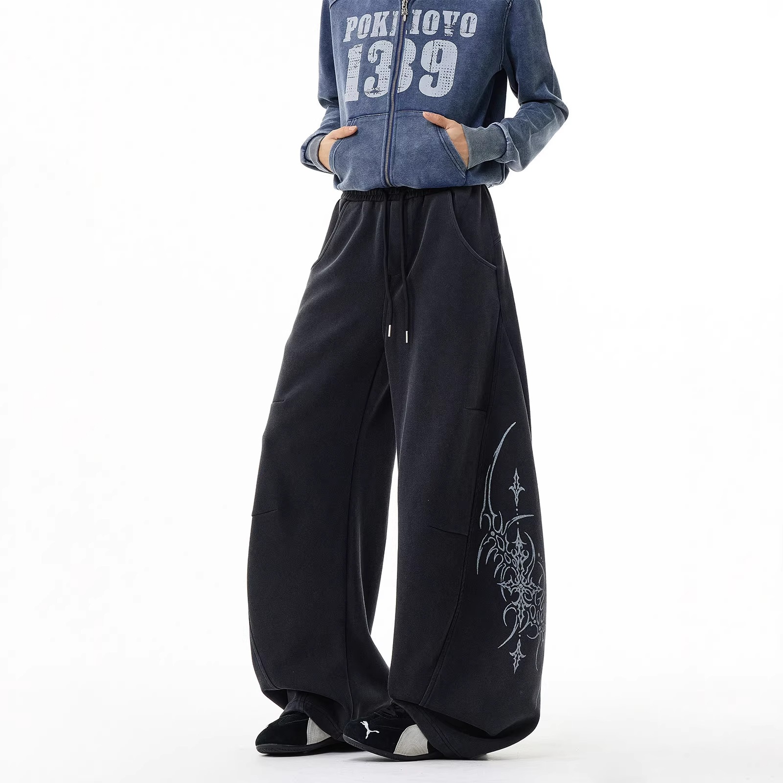 Mens Loose Fit Drawstring Pants Letter Print Wide Leg Casual Trousers - Image 5