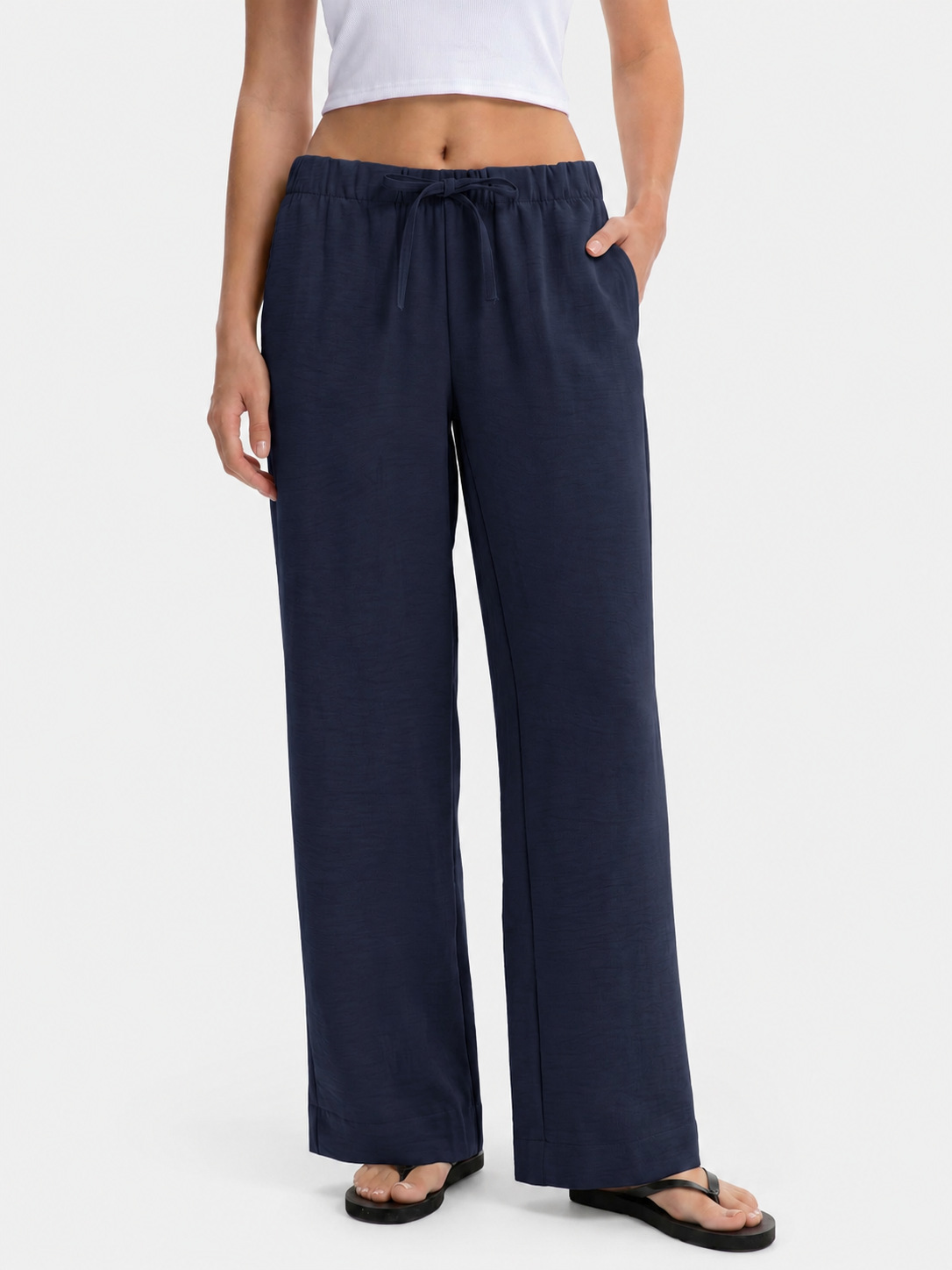 Women Elastic Waist Drawstring Wide Leg Pants - Image 3
