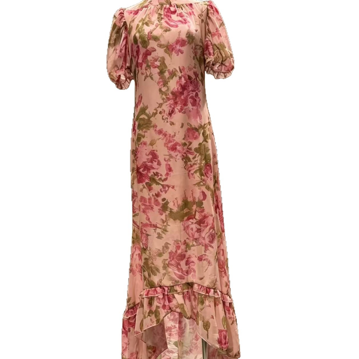 French Floral Puff Sleeve Slim Fit Long Dress - Image 4
