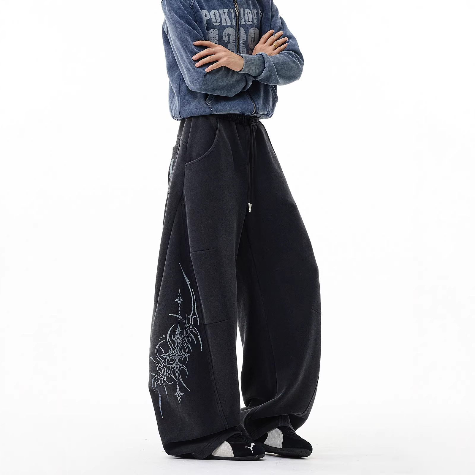Mens Loose Fit Drawstring Pants Letter Print Wide Leg Casual Trousers - Image 2