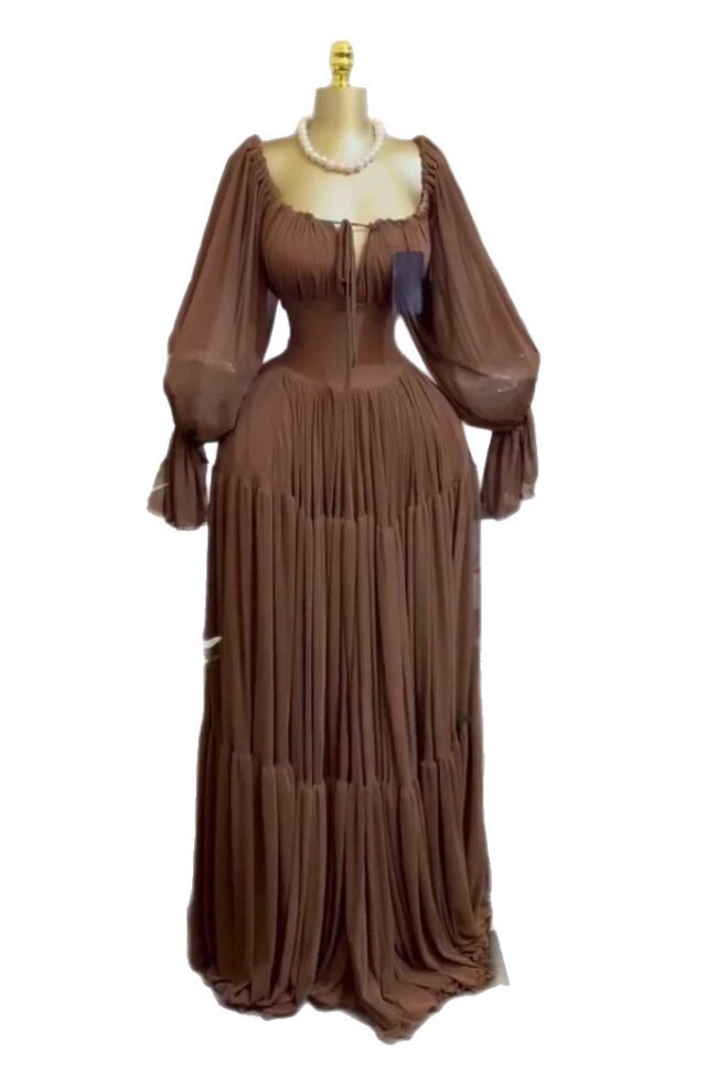 The Fabienne Elegant Lantern Sleeve Tie Slim Fit Pleated Long Dress Detail – La Rose Couture Dresses & Gowns
