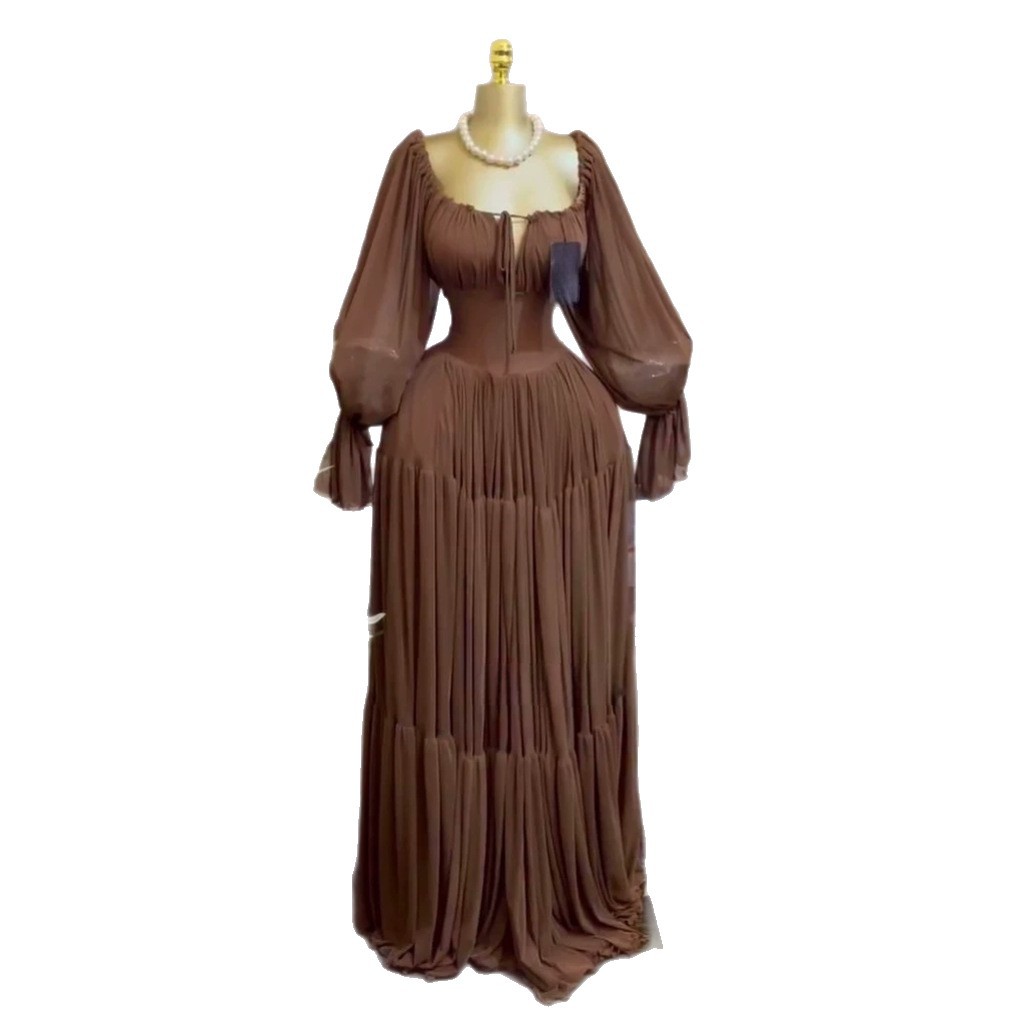 elegant lantern sleeve tie slim-fit pleated long dress - Image 4