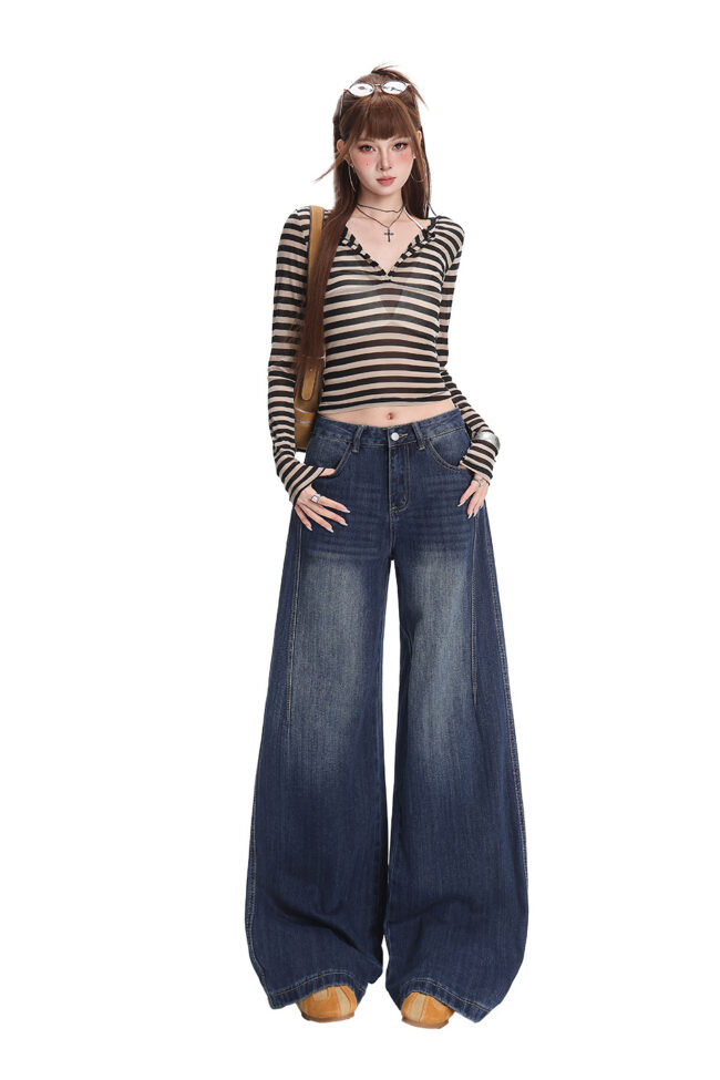 The Camille Retro Blue Bamboo Pattern Straight Leg Floor Length Jeans Detail – La Rose Couture Trousers & Skirts