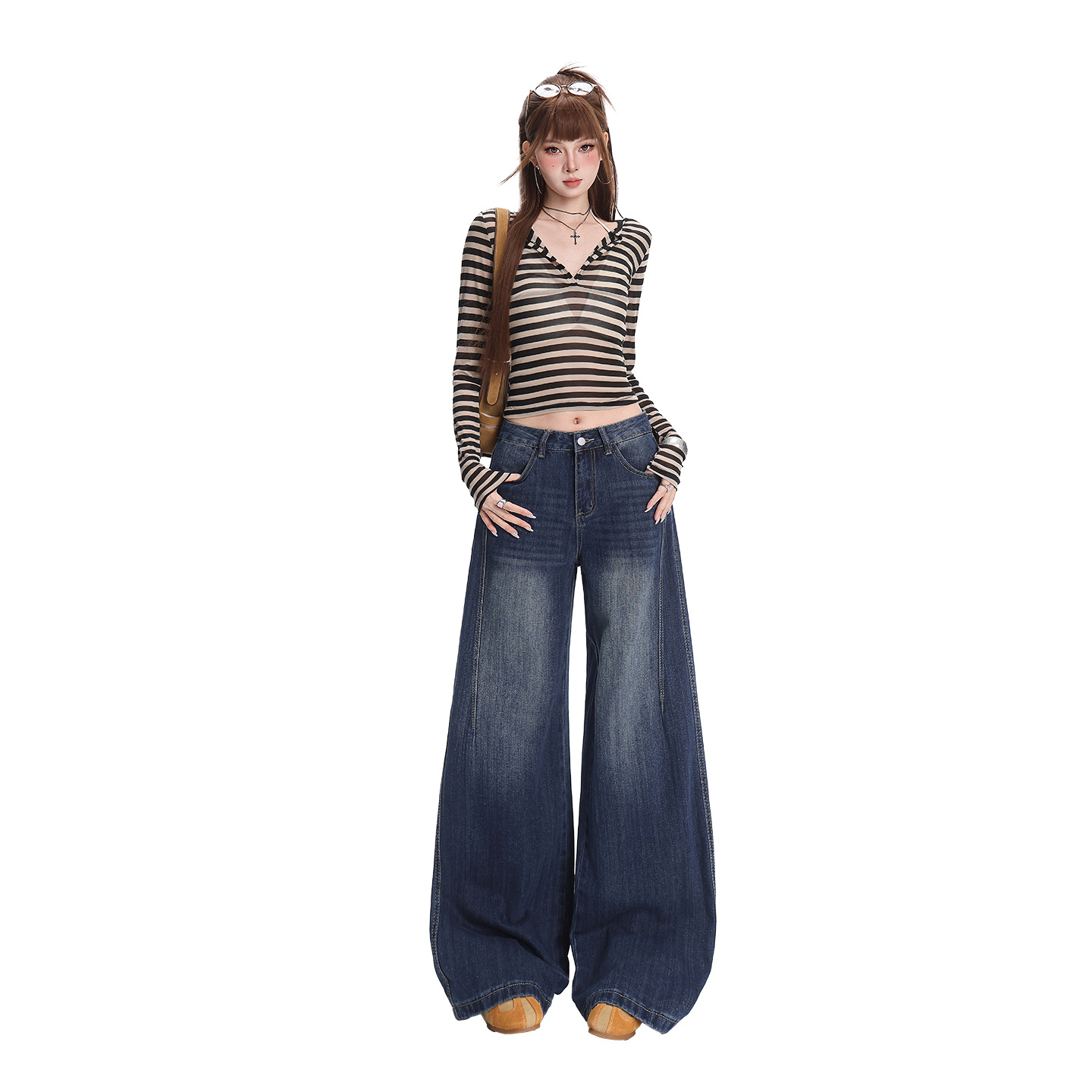 Women's Retro Blue Bamboo Pattern Straight-Leg Floor-Length Jeans - Image 3