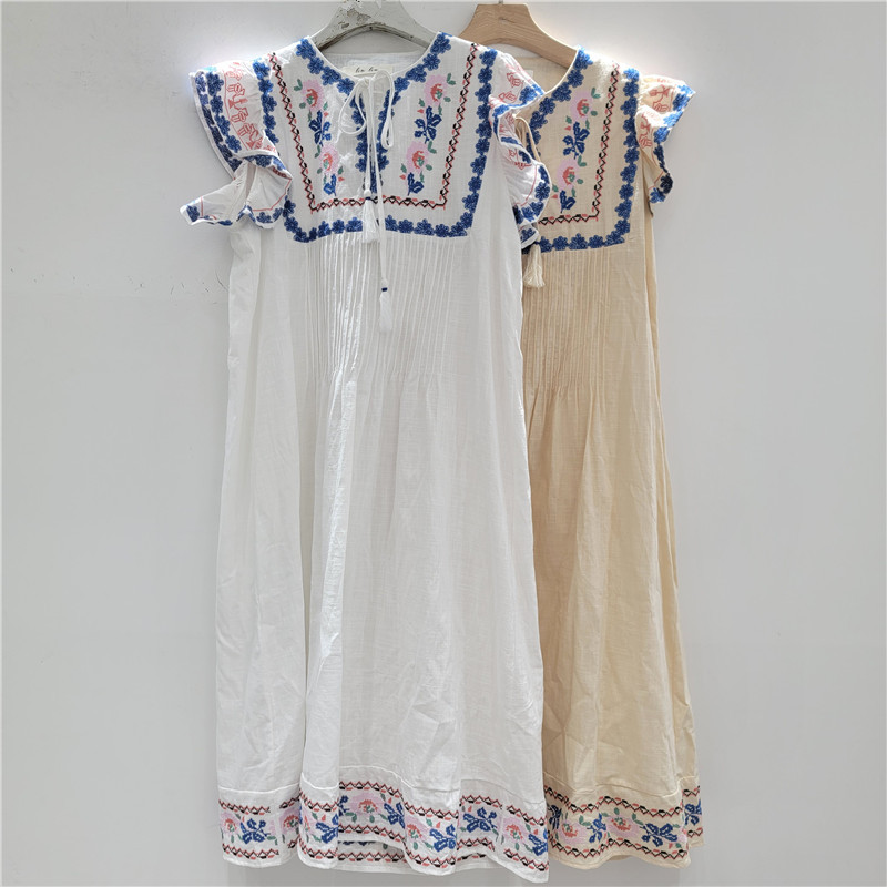 White Embroidered Puff Short Sleeve Dress for Women Summer Ethnic Style