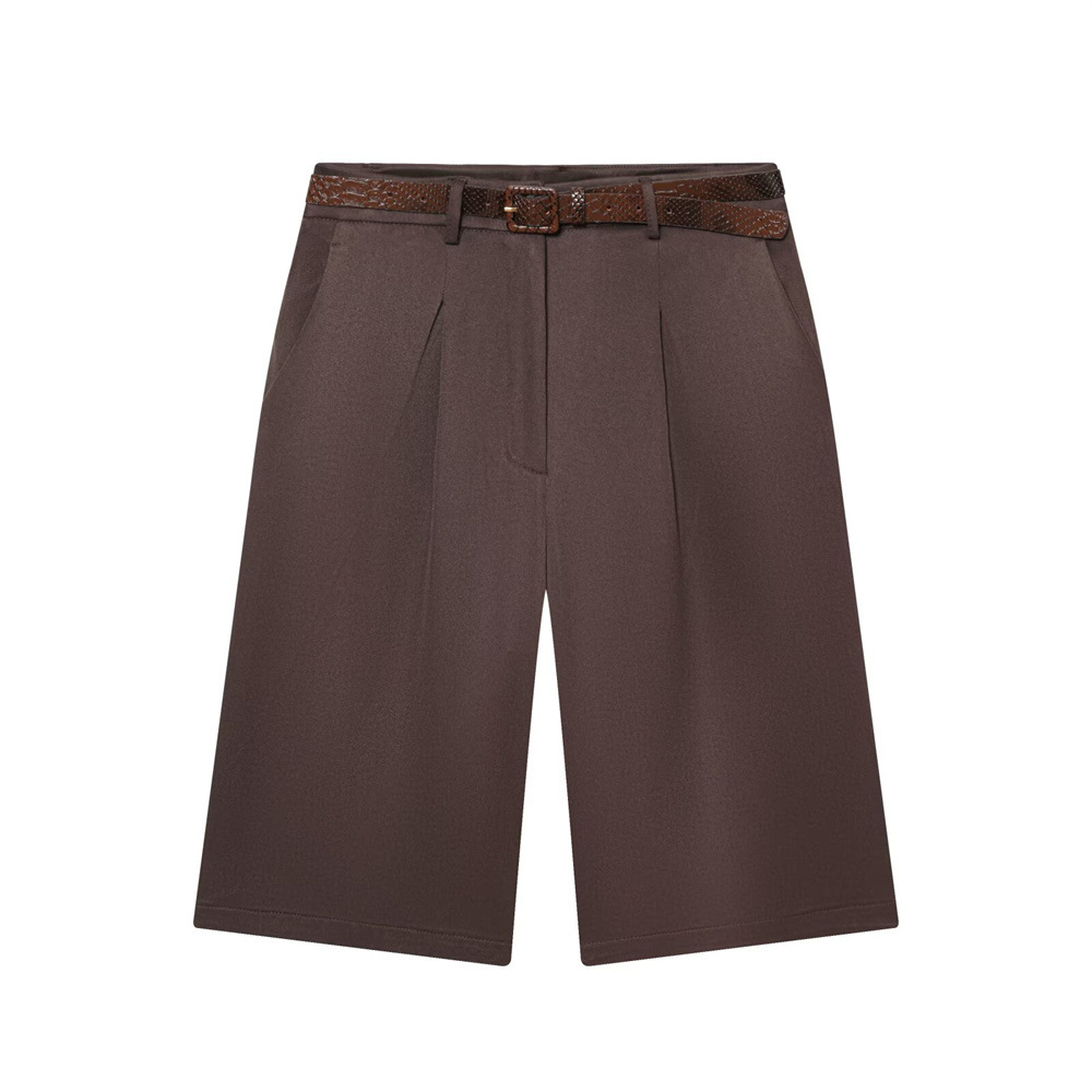 Women's high-waisted zipper pleated short pants with belt - Image 3