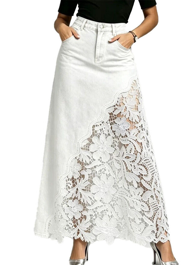 The Laure Washed Denim Lace Patchwork Long Bodycon Skirt Detail – La Rose Couture Trousers & Skirts