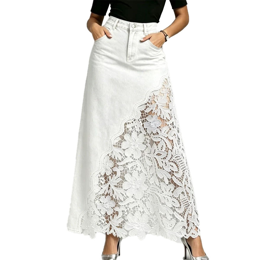 Womens Washed Denim Lace Patchwork Long Bodycon Skirt - Image 3