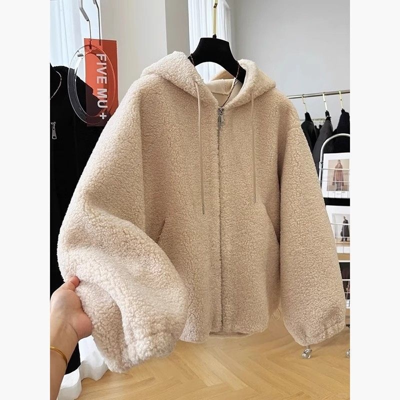Solid Color Hooded Lamb Wool Coat Loose Fit Long Sleeve Outerwear