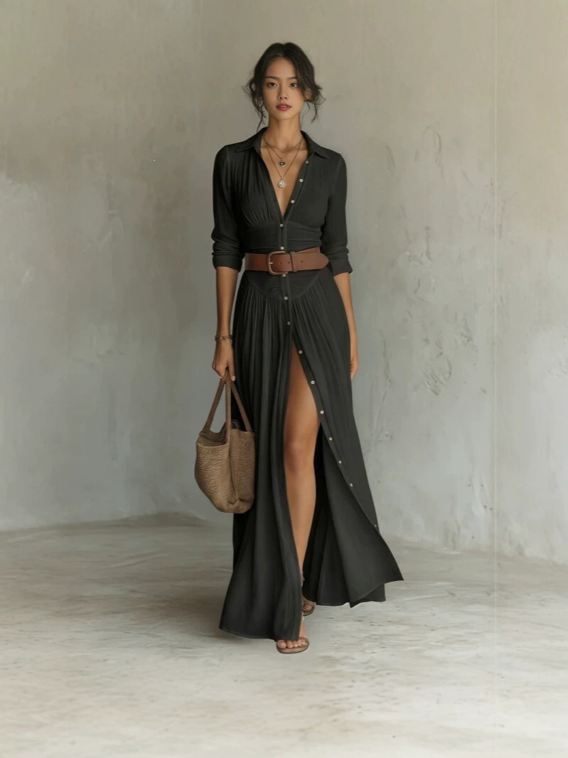 Womens Collared Shirt Dress with Belt - Image 5