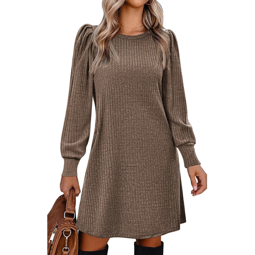Solid Color Round Neck Puff Sleeve Mid-Length Dress - Image 3