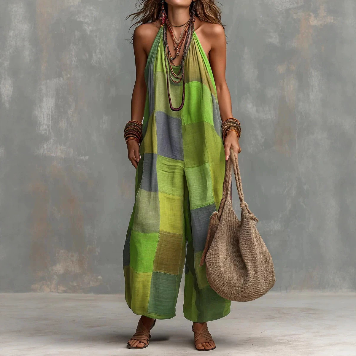 Womens Summer Casual Printed Plaid Jumpsuit - Image 3