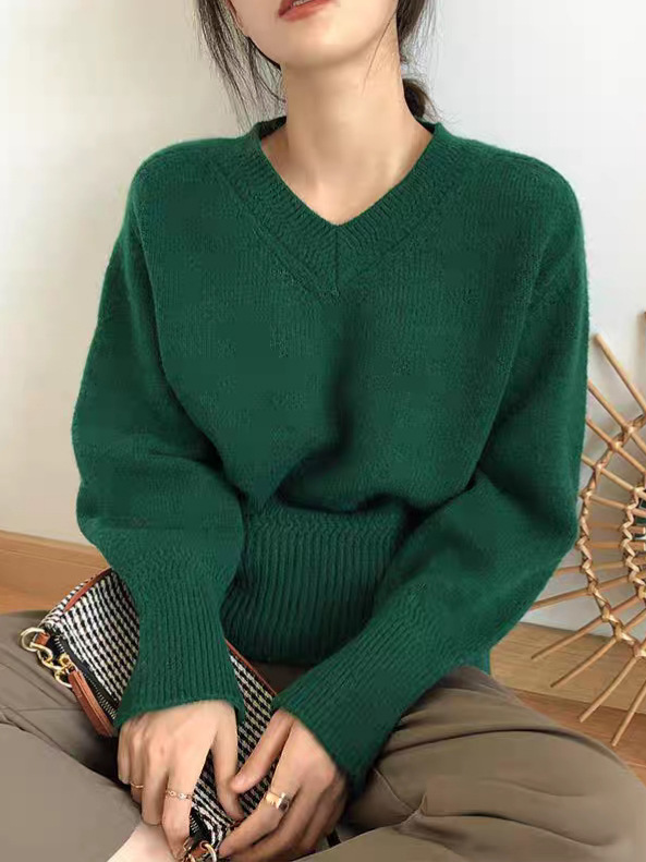 Women V-Neck Solid Color Long Sleeve Sweater Loose Fit Pullover - Image 5
