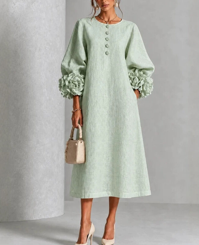 The Marine Elegant Floral Sleeve Cotton Linen Dress Detail – La Rose Couture Dresses & Gowns