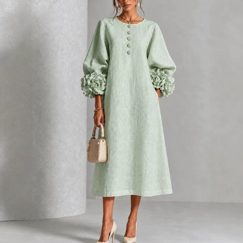 Elegant Floral Sleeve Cotton Linen Dress - Image 2