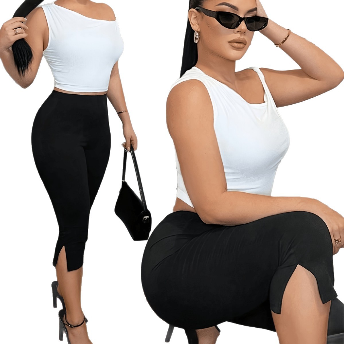 Womens Elastic Waist Slim Fit Split Leggings - Image 2