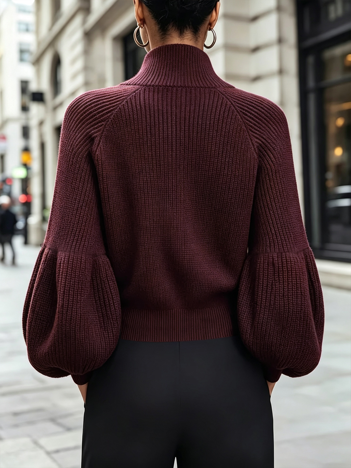 Women High Neck Knitted Cardigan with Lantern Sleeves - Image 5