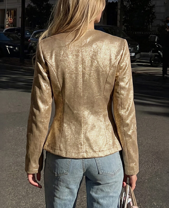 The Yvette Vintage Gold V Neck Slim Fit Long Sleeve Blazer Detail – La Rose Couture Coats & Jackets